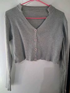 Gray Ribbed Cropped Cardigan