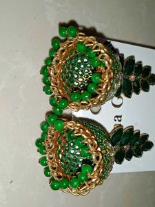 Stunning Green &amp; Gold Jhumka Earrings