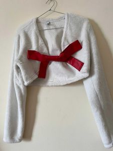White Fuzzy Bolero with Red Bow