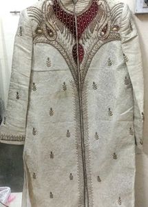 Creamy White And Maroon Sherwani