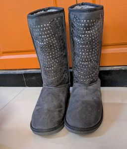 Embellished Grey Long Boots