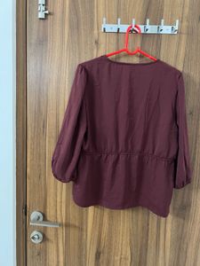 Burgundy V-Neck Cinched Blouse