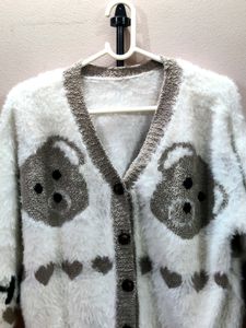 Imported women&#39;s V-neck fuzzy knit cardigan/sweate