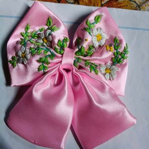 Pink Embroidered Bow Hair Clip