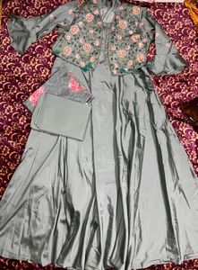 Grey Floral Embroidered Anarkali Suit Set