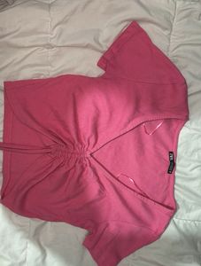 ZARA Pink Ribbed Drawstring Crop Top