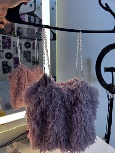Lilac Faux Fur Beaded Shoulder Bag