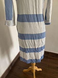 Blue &amp; White Striped Embroidered Kurti