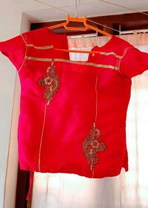 Red Embroidered Festive Blouse And Skirt