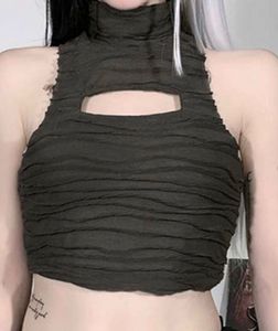 Brown Pleated Cut-Out Fitted Crop Top