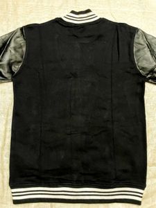 Varsity Bomber Jacket Black Faux Leather Sleeves