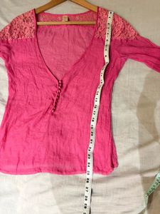 Pink Lace Trim Blouse