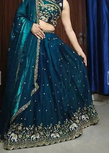 Mid Green color Hand Embroidery work Lehenga