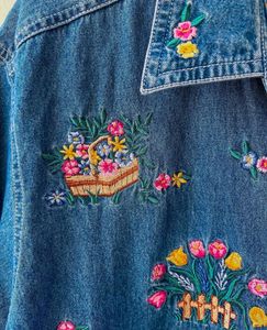 Flower Embroidered Denim Shirt (Vintage)