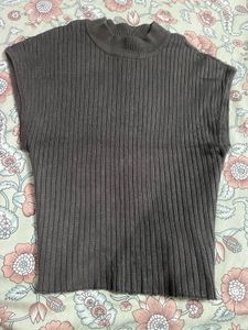 Grey Ribbed High Neck Top