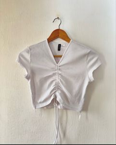 H&amp;M White Ribbed Cropped Tie-Detail Top