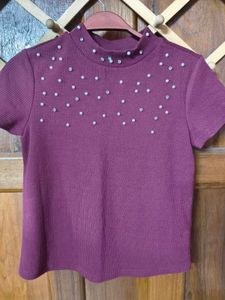 Burgundy Top with Pearl Detail
