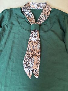 Elegant Green Blouse with Attached Scarf