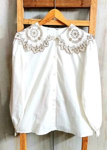Elegant White Embellished Blouse Size-42