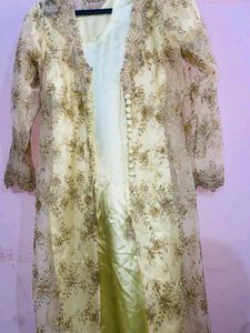 Elegant Gold Embroidered Dress with Sheer Jacket