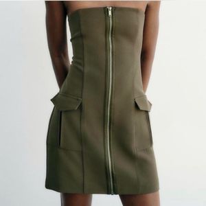 Zara Khaki Strapless Denim Dress