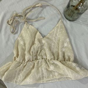 Backless Floral Embroidered Tie Halter Top