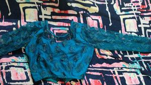 Teal Embroidered Blouse And Skirt Stich able