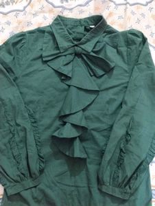 Green Ruffle Korean Top with Back Button Detail