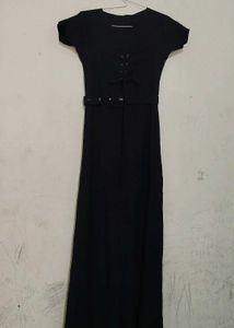 Elegant Black Stretchable Maxi Dress With Belt