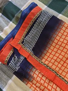 &#34;Brand New Peach Check Cotton Saree | Contrast Bor