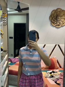 Blue And Pink Stripe Top With Side Button
