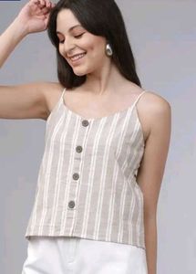 Beige Pure Cotton, Formal and Casual Striped Top