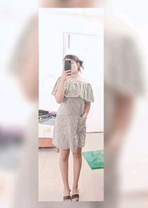 Cute, Striped, Off Shoulder Dress, Black And White, Frayed Hemm Dress