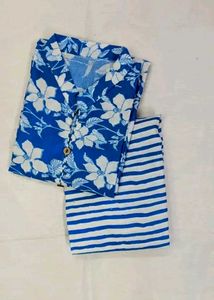 Blue Hibiscus Cotton Kurta Set