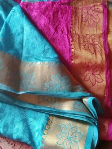 Blue And Pink Saree With Gold Border