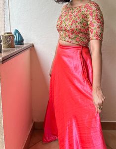 Elegant Silk-Blend Pink Lehenga &amp; Designer Bac