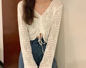 White Cottagecore Crochet Drawstring Blouse
