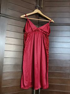 Women Red Satin Lace Nighty With Robe
