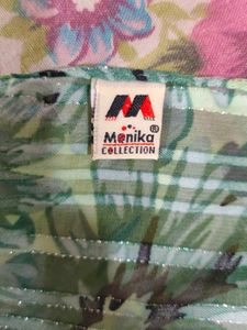 Green Floral Print Zari Striped Scarf