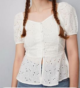 Sweetheart Neck Puffed Sleeves Pure Cotton Top
