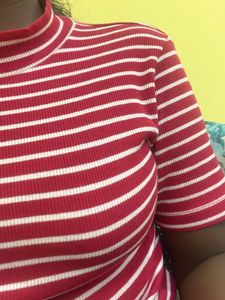 Red &amp; White Striped Mock Neck Top