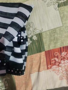 Black &amp; White Striped  Sequined Border Saree