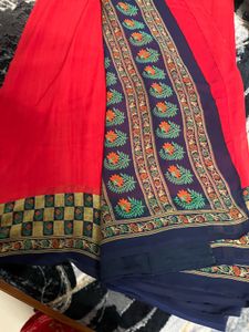 Red &amp; Blue Printed Saree