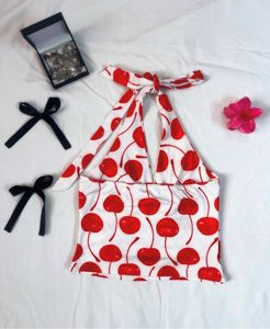 Cherry Print O-ring Halter top Made In Uk