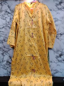 Printed Kurta Yellow, Green, Carrot Color