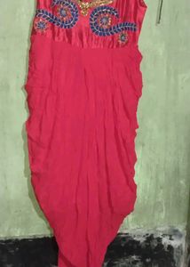 Red &amp; Gold Embroidered Anarkali Dress