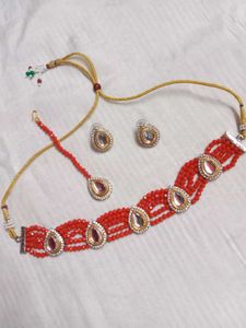 Red Kundan And AD Choker Set
