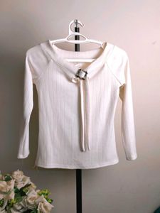 White Ribbed Top with Buckle
