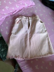 Pink Denim Fringe Skirt