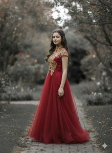 Elegant Maroon & Gold Party Gown